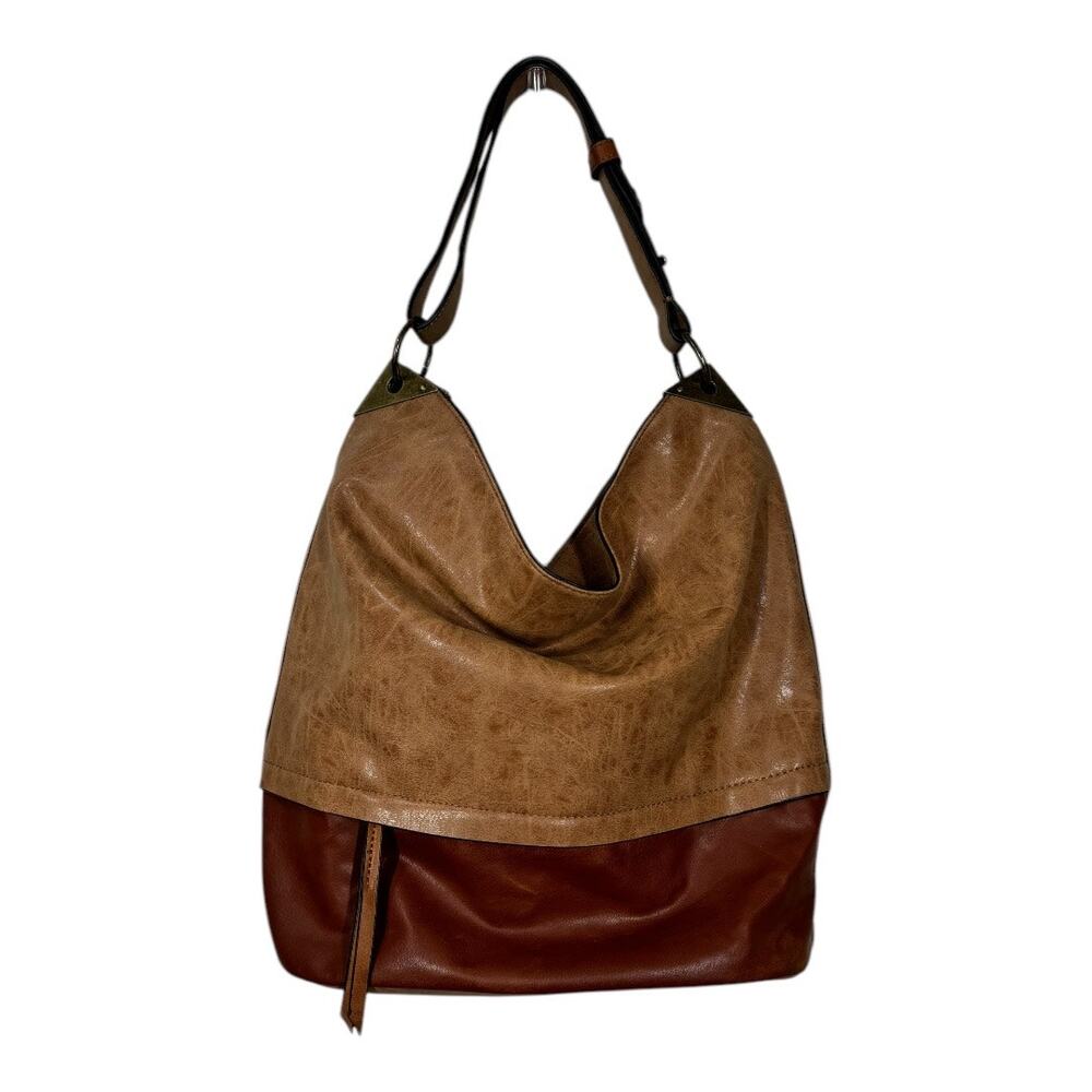Joy Susan Darcy Zip Front Pocket Bucket Bag Faux Leather Vegan Tan Slouchy Hobo